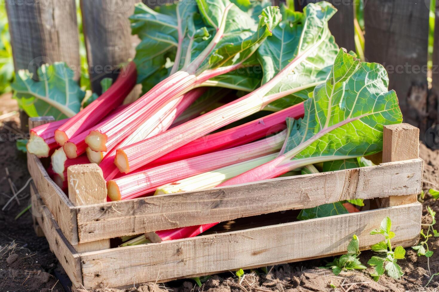 Freshly harvested rhubarb stalks in a wooden crate on an organic farm, symbolizing sustainable agriculture and seasonal spring produce photo