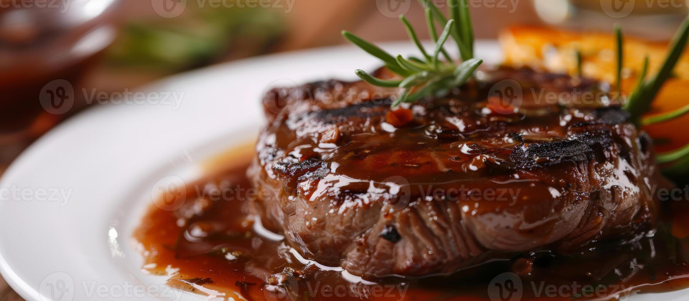Juicy grilled steak with fresh rosemary and savory sauce on a white plate, ideal for culinary blogs and Fathers Day promotions photo