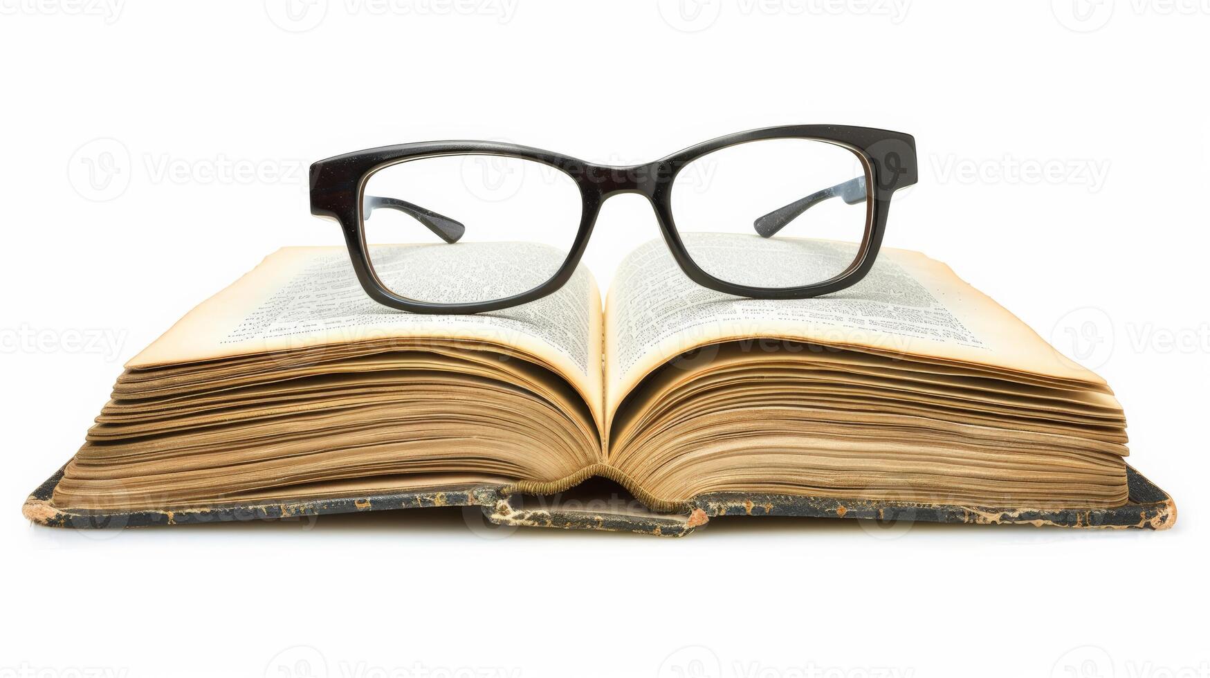 abierto de tapa dura libro con leyendo lentes en arriba, aislado en un blanco antecedentes foto