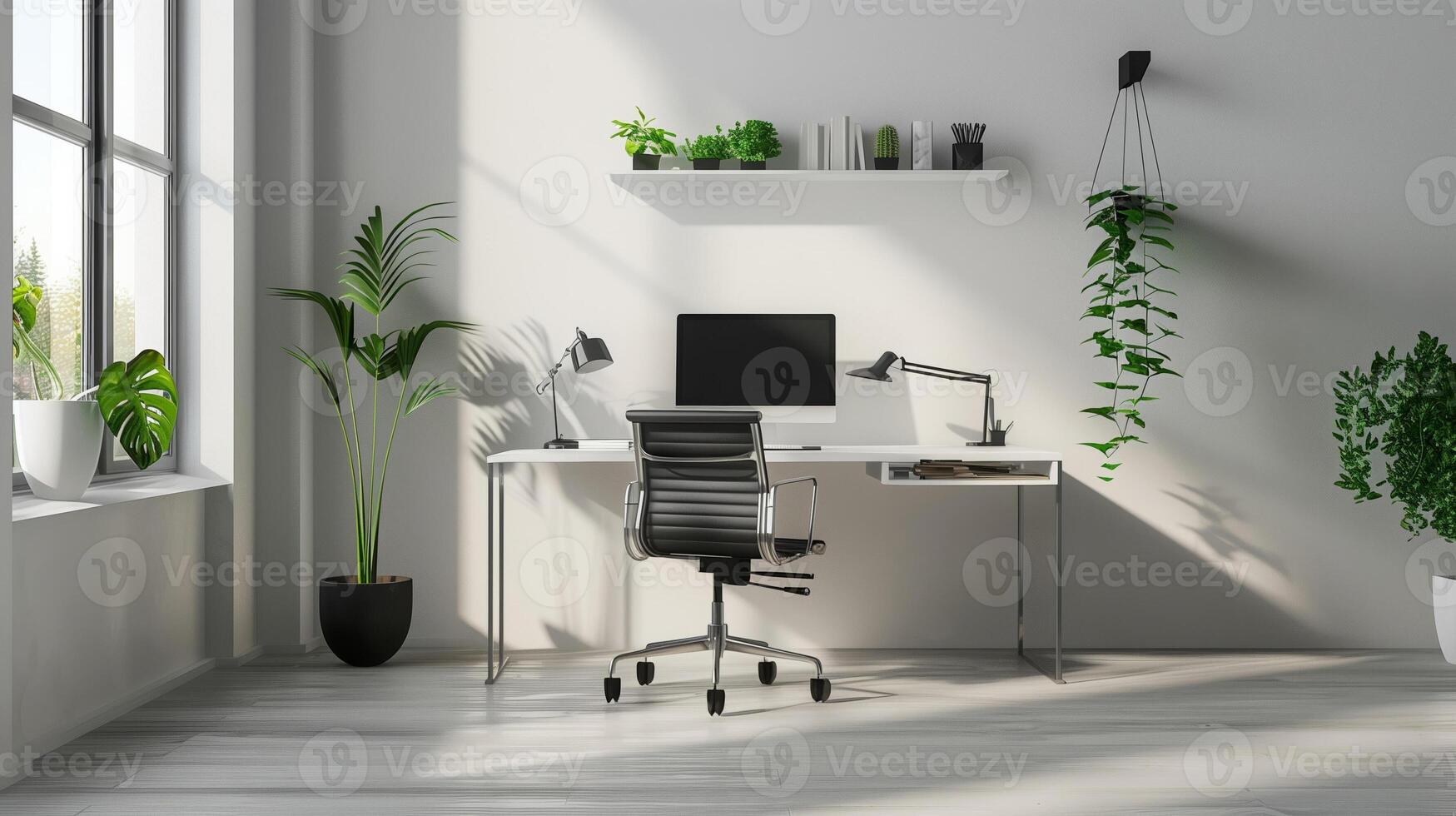 modern home office setup minimalistic design with green plants white desk and a black ergonomic chair photo