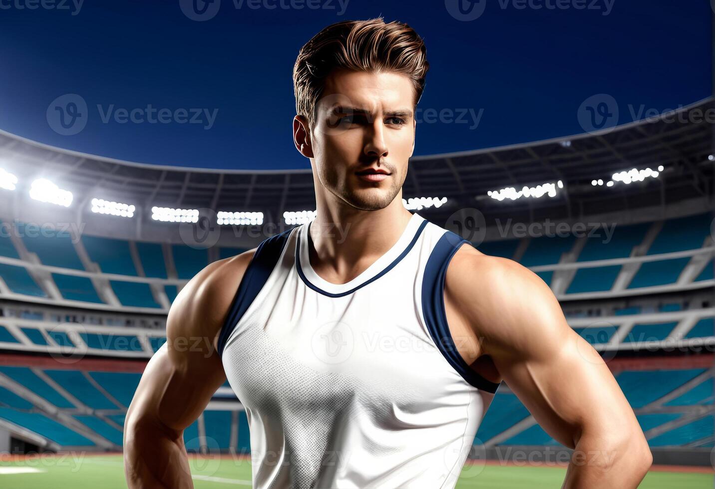 Confident male athlete with muscular build posing in a sports tank top at an empty stadium, concept for fitness and sports events photo