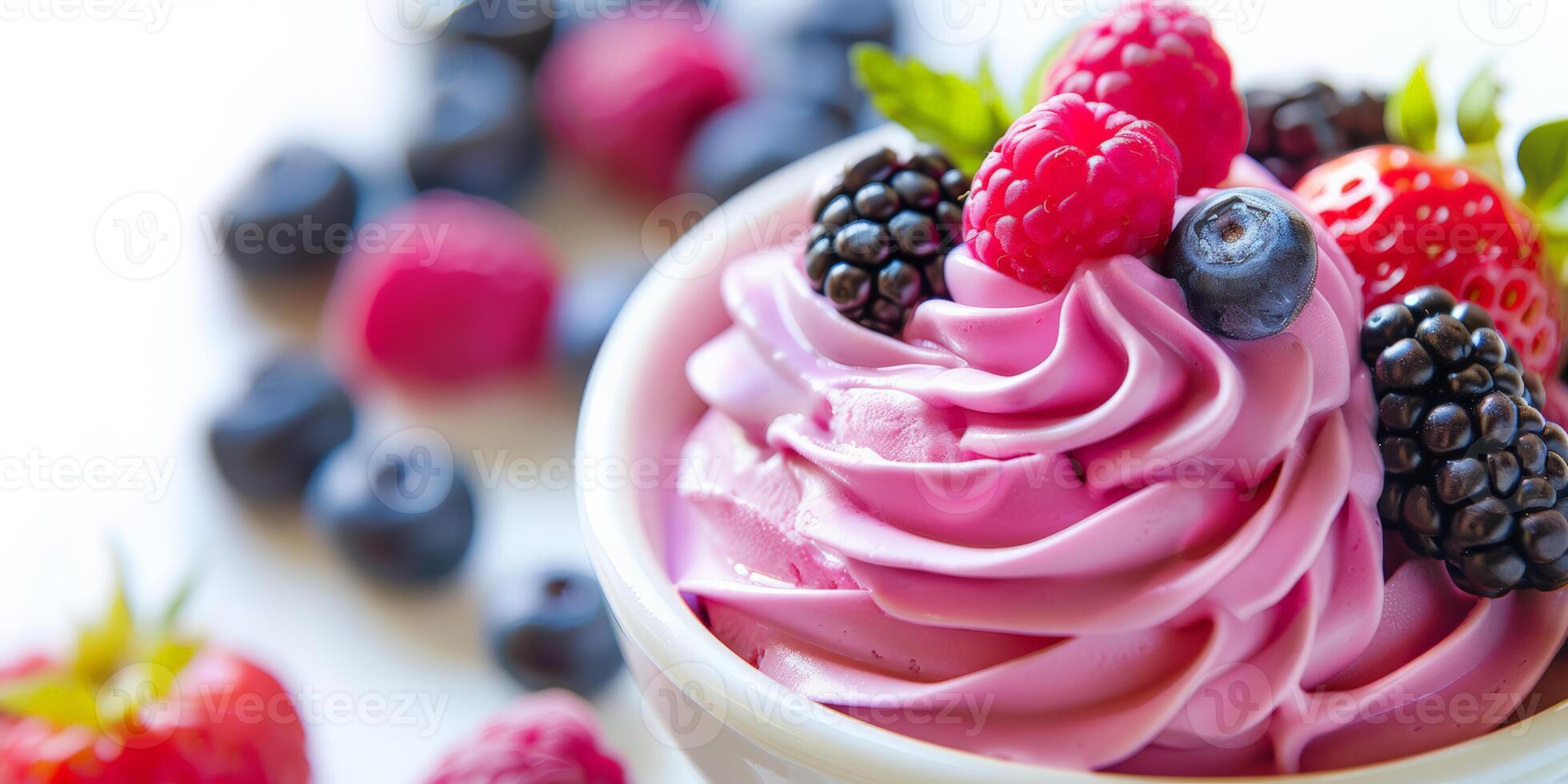 Vibrant pink frozen yogurt topped with fresh raspberries, blackberries, and blueberries, ideal for healthy lifestyle and summer treats concepts photo
