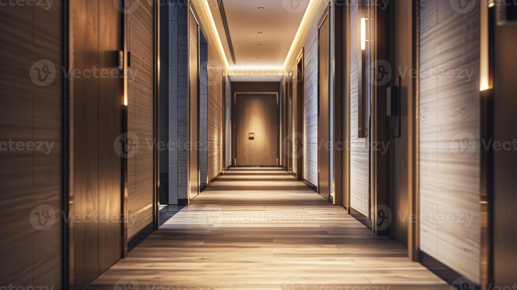 Modern hotel corridor with ambient lighting and wooden finishes, suitable for business travel or accommodation themes photo