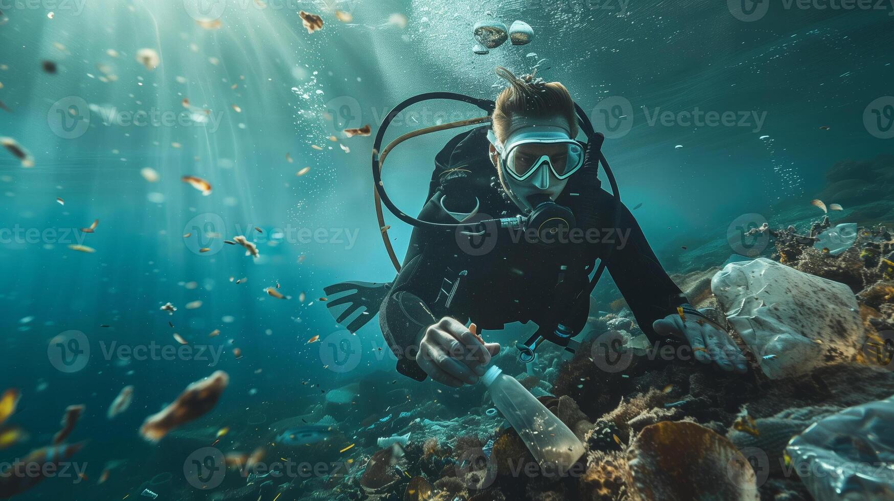 scuba diver collects plastic debris, clear blue water, environmental conservation theme photo