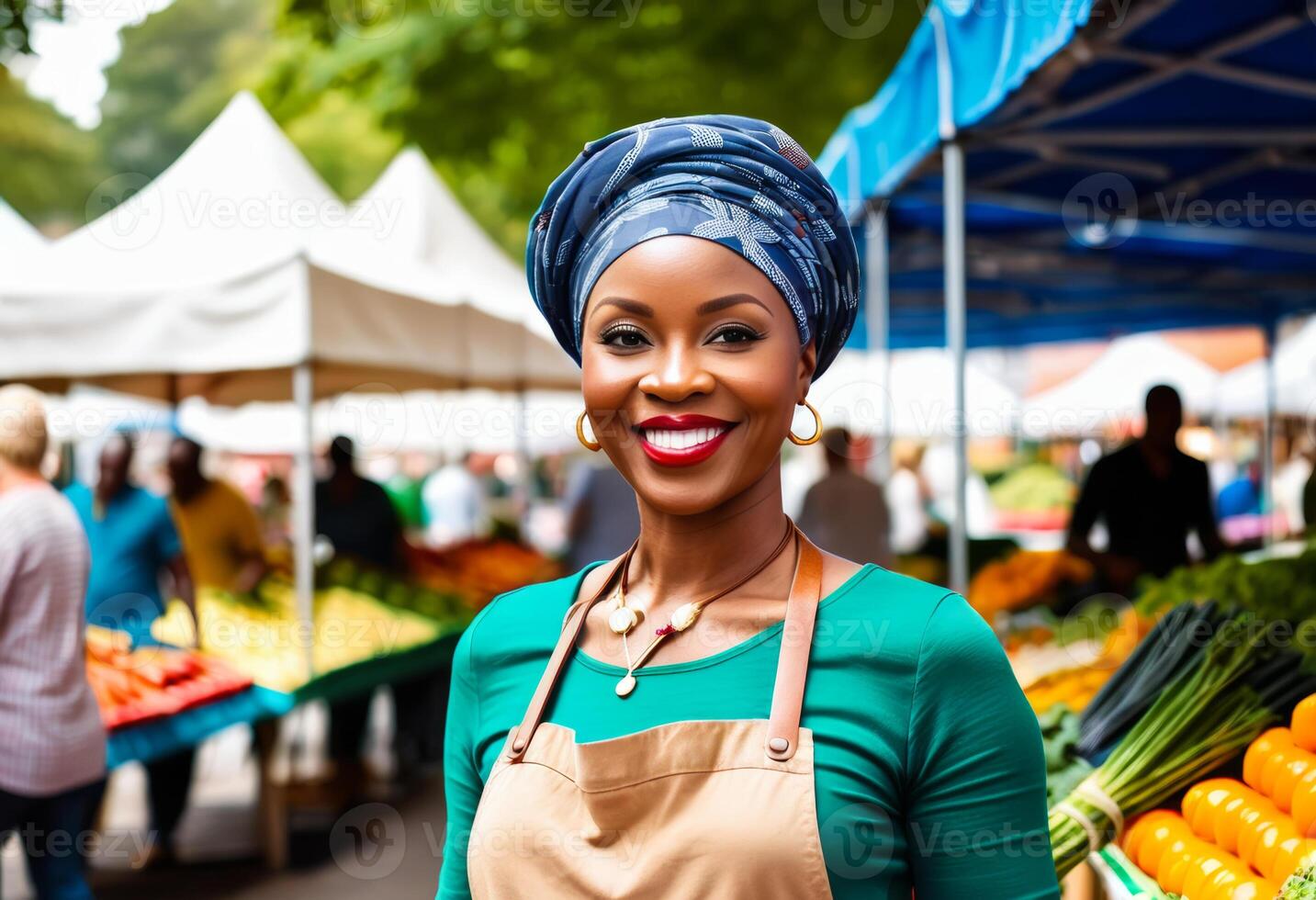 African woman entrepreneur with a radiant smile at a farmers market, representing small business and local food commerce photo