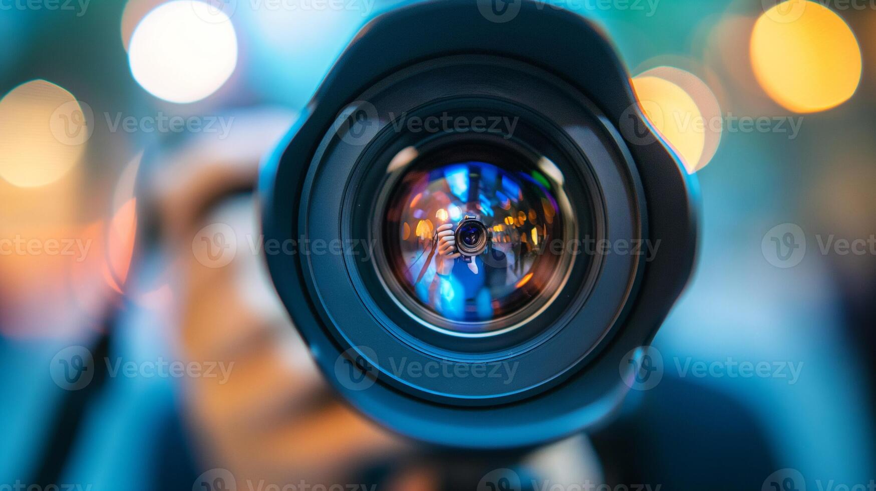 cerca arriba de un cámara lente con vistoso bokeh luces en el fondo, ideal para mundo fotografía día y tecnología temática conceptos foto