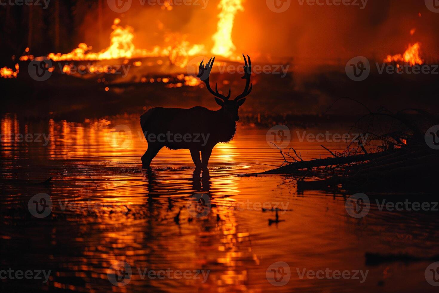 Elk standing in a shallow lake, safe from the flames, serene yet tense atmosphere photo