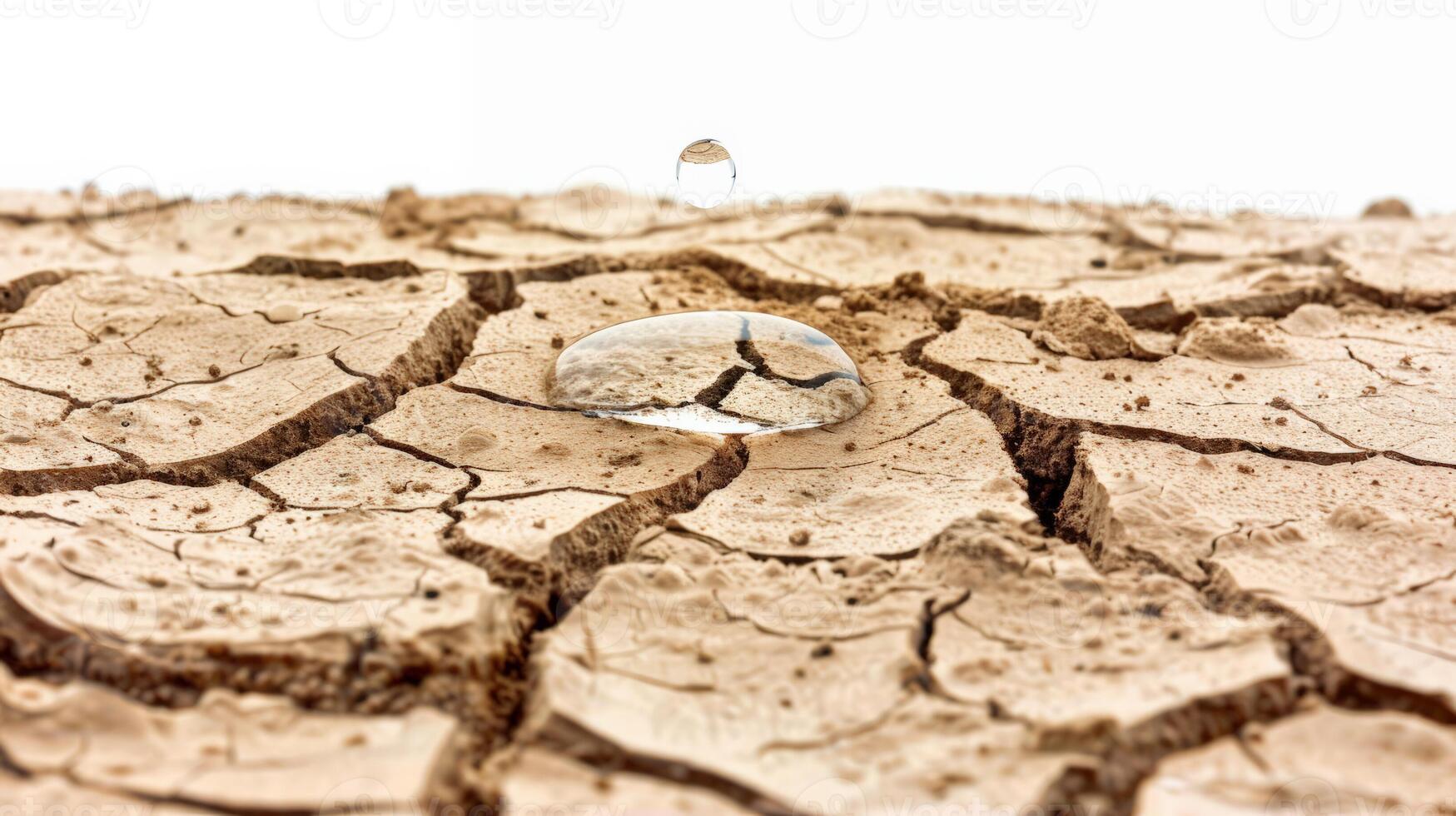 Water scarcity depicted by a dry, cracked earth with a single drop of water, isolated on white background photo