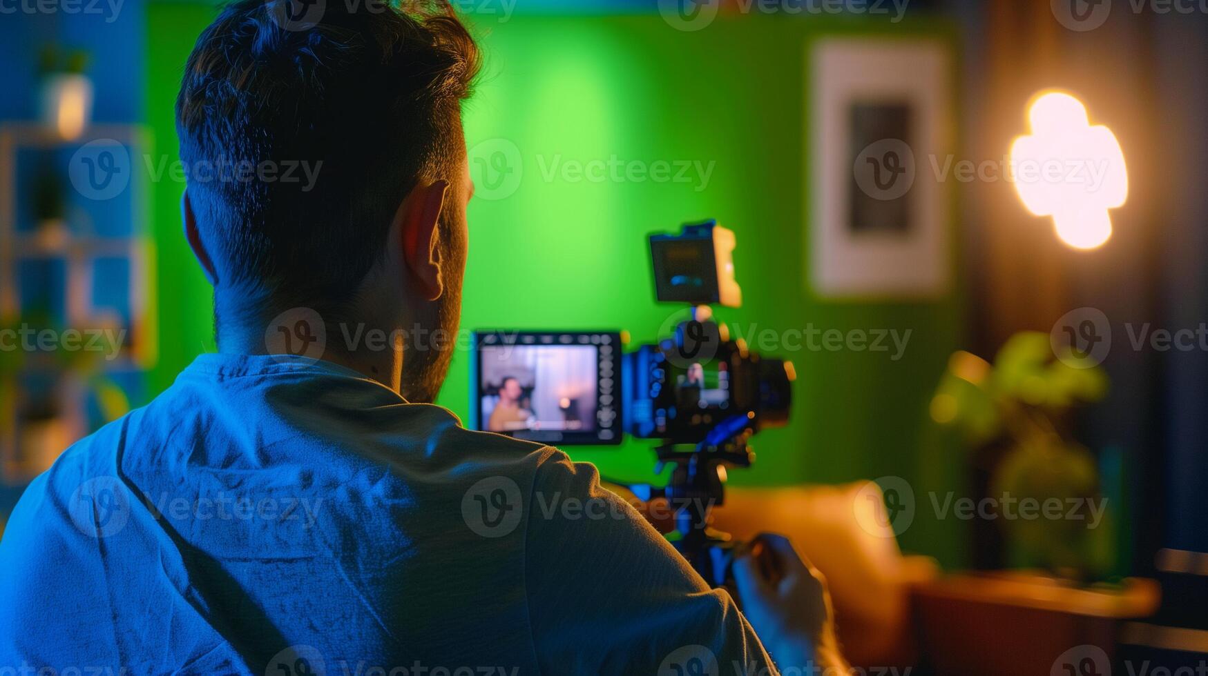 Male videographer recording content with DSLR camera against green screen in a studio setting, related to creative arts and World Photography Day photo