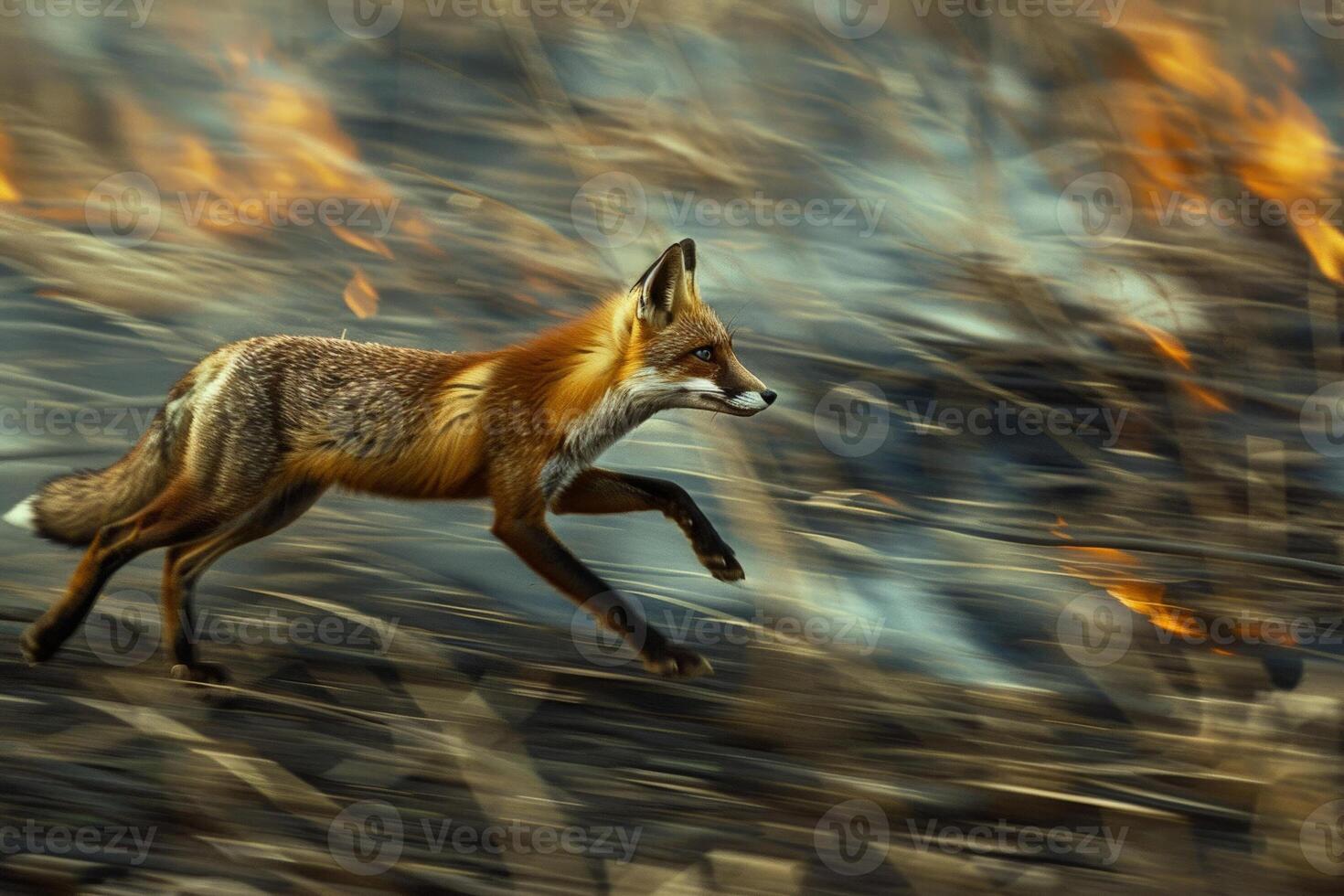 zorro rápido a través de un cortafuegos, estrecho escapar desde el llamas, dinámica movimiento capturado foto