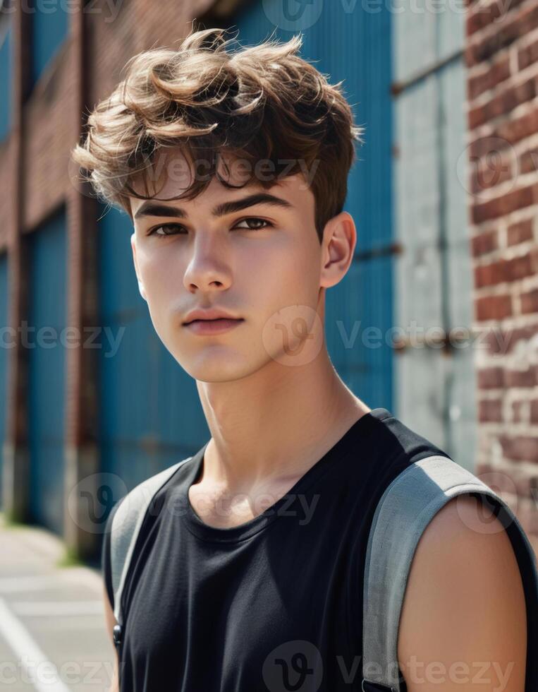 Confident young man with curly hair posing in an urban setting, embodying youth culture and lifestyle, ideal for back to school campaigns photo