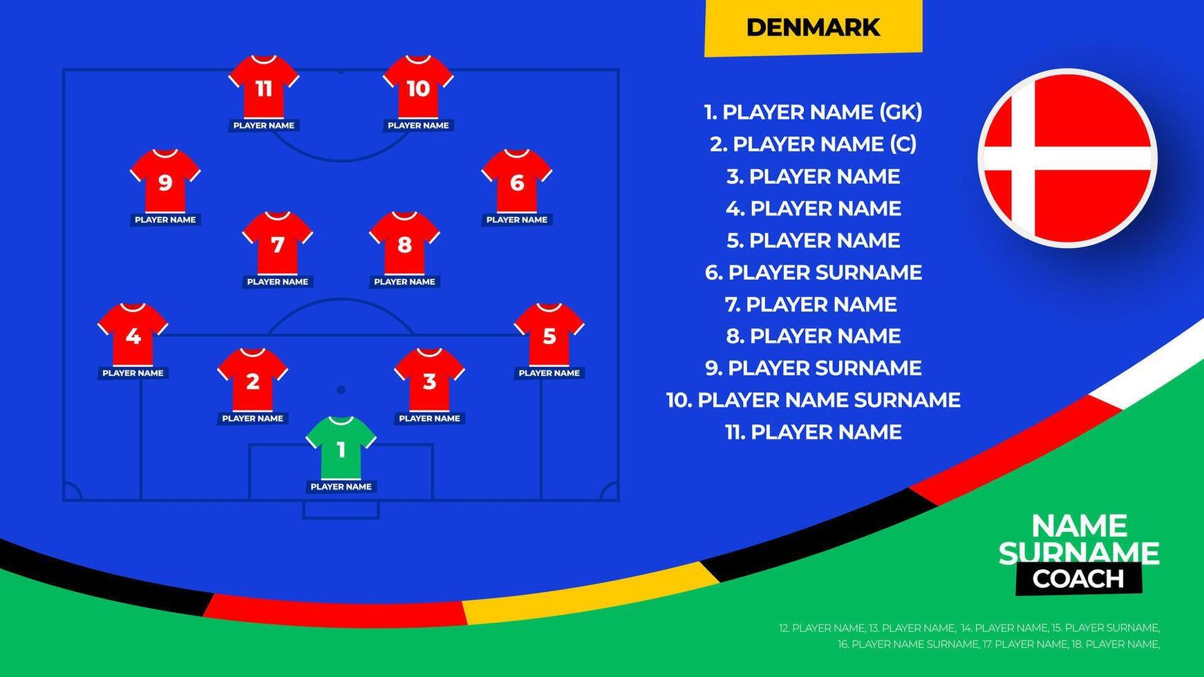 Denmark Football team starting formation. 2024 football team lineup on filed football graphic for soccer starting lineup squad. illustration vector