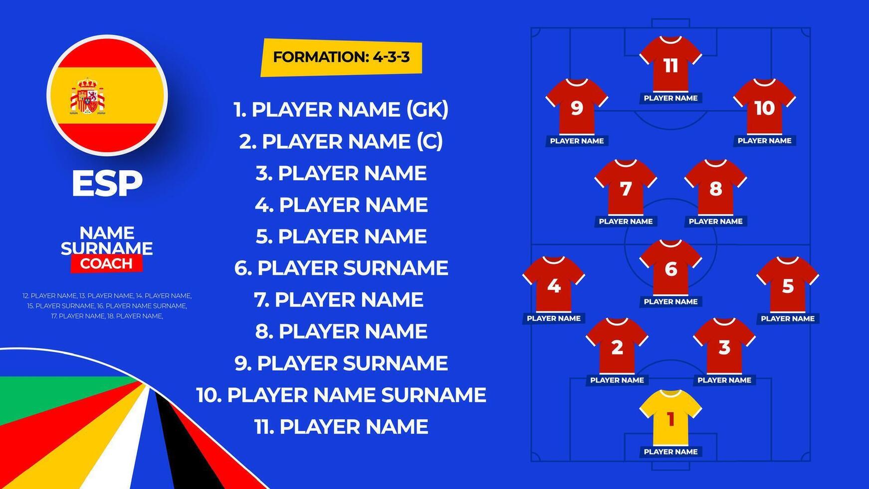 Spain Football team starting formation. 2024 football team lineup on filed football graphic for soccer starting lineup squad. illustration vector