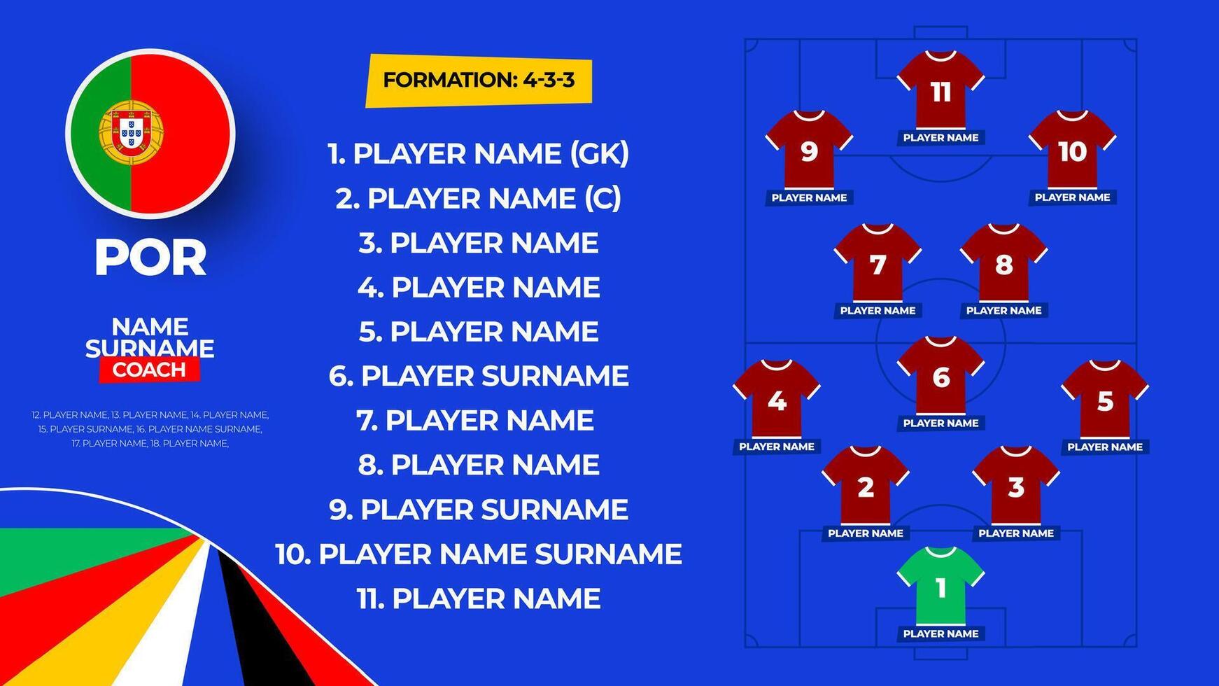 Portugal Football team starting formation. 2024 football team lineup on filed football graphic for soccer starting lineup squad. illustration vector