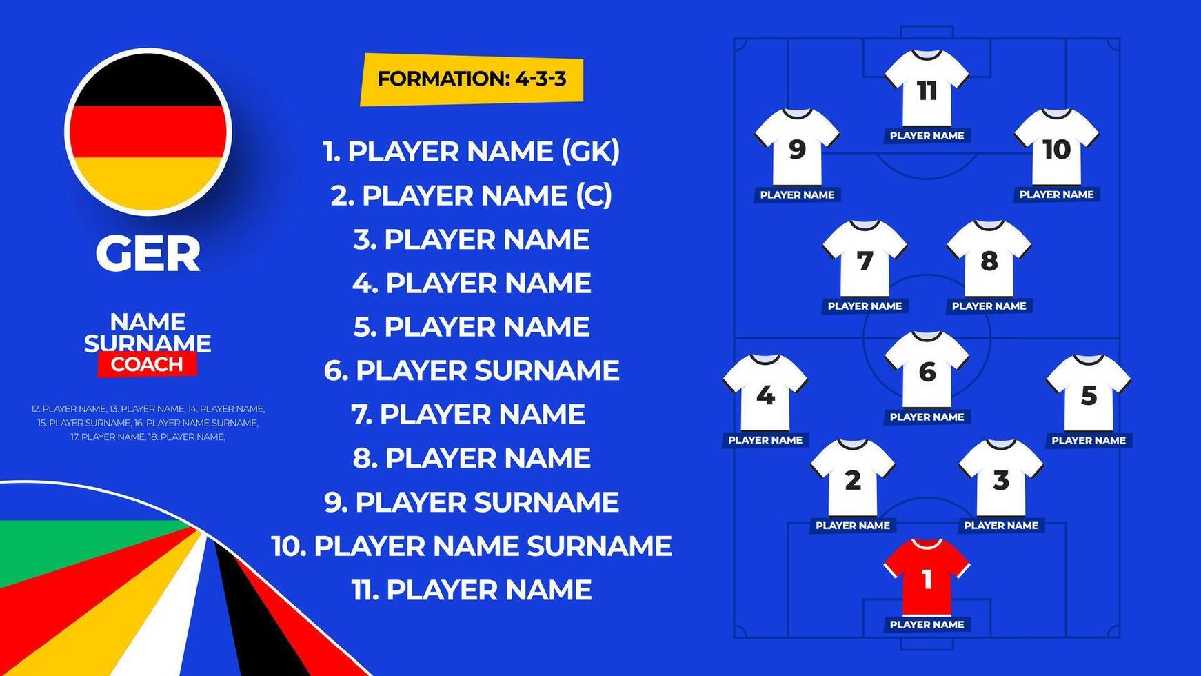 Germany Football team starting formation. 2024 football team lineup on filed football graphic for soccer starting lineup squad. illustration vector