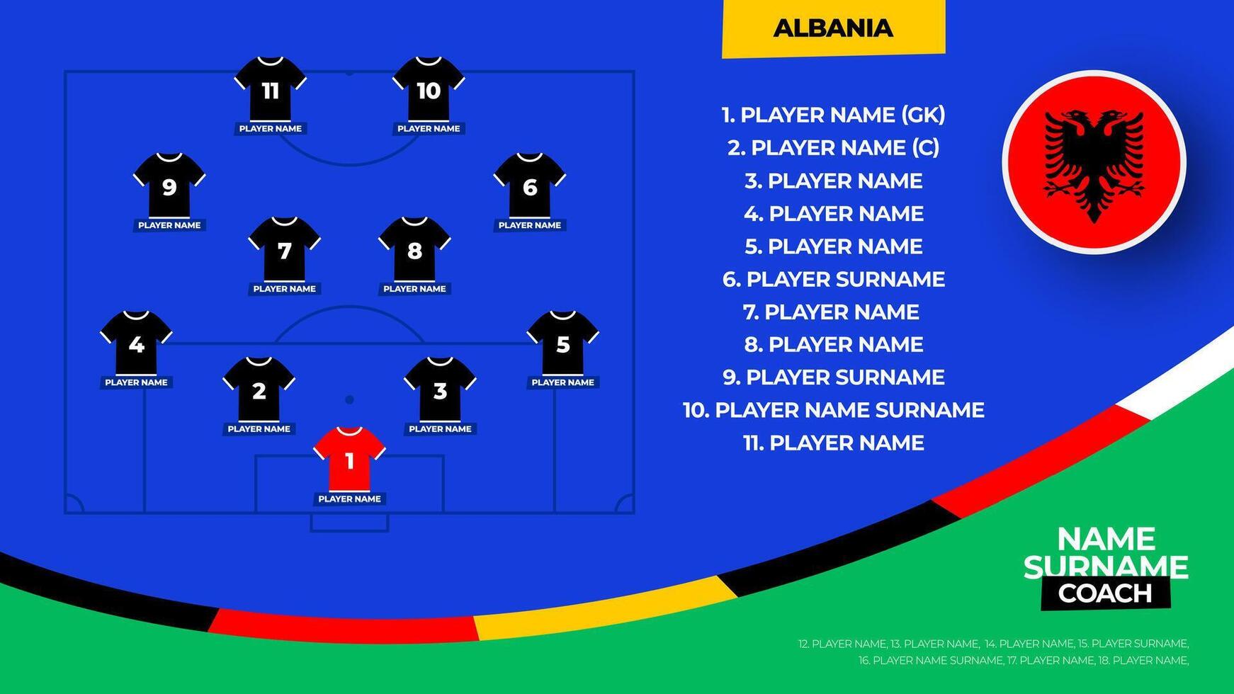 Albania Football team starting formation. 2024 football team lineup on filed football graphic for soccer starting lineup squad. illustration vector