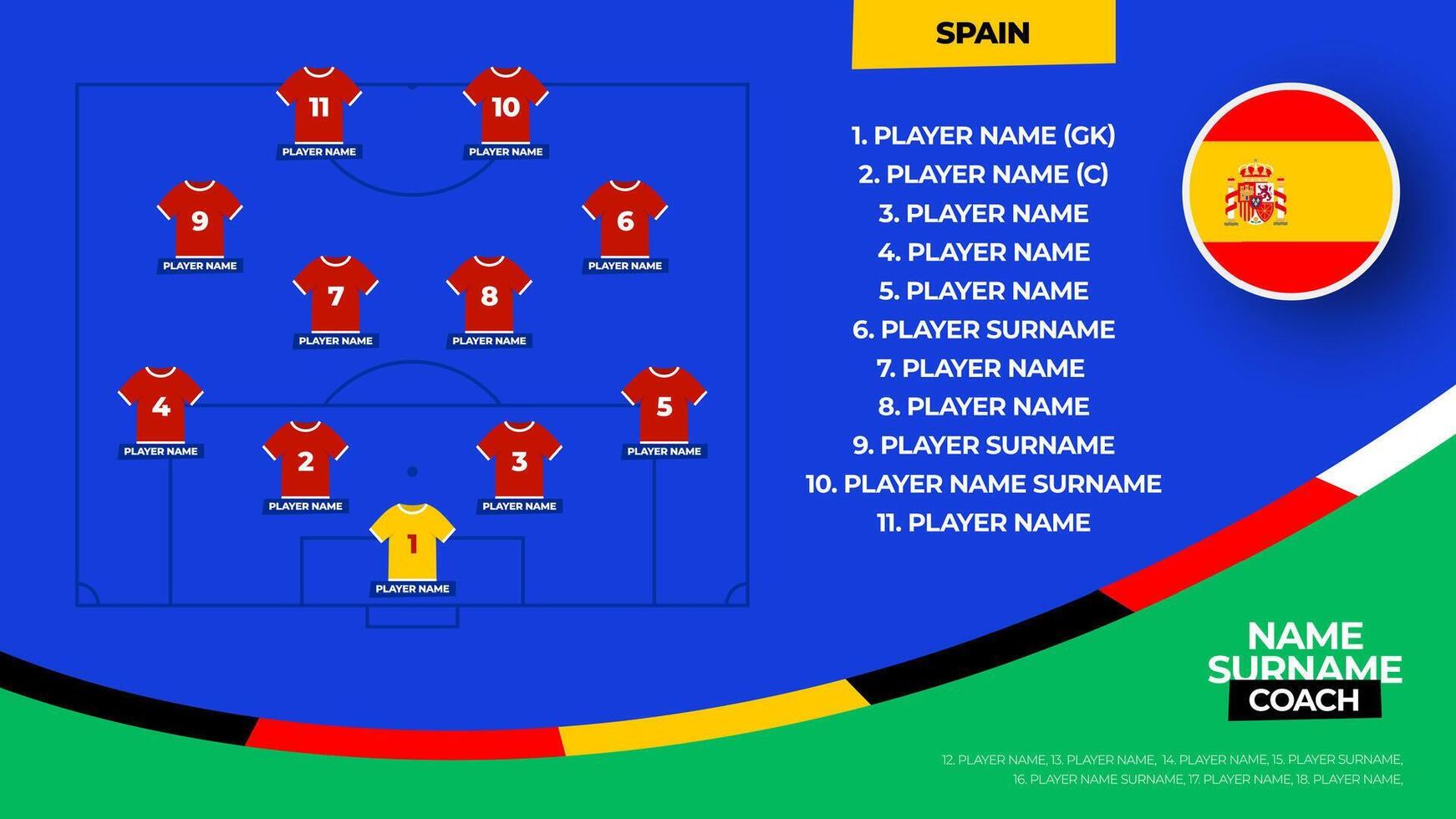 Spain Football team starting formation. 2024 football team lineup on filed football graphic for soccer starting lineup squad. illustration vector