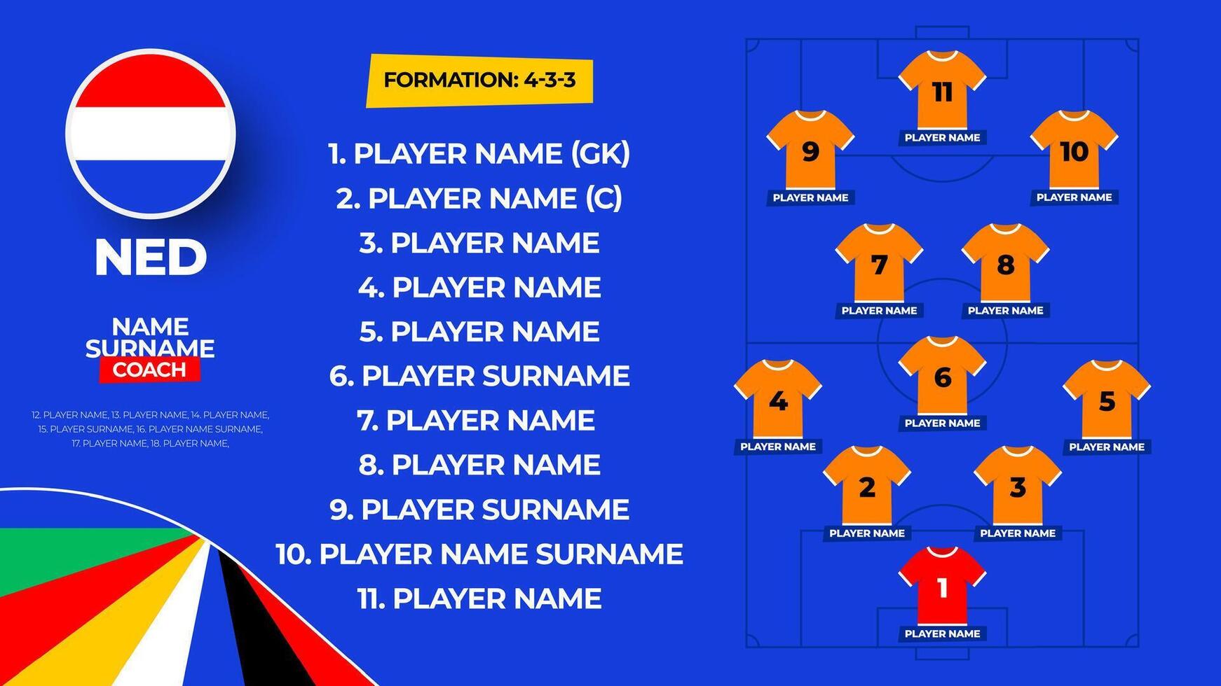 Netherlands Football team starting formation. 2024 football team lineup on filed football graphic for soccer starting lineup squad. illustration vector