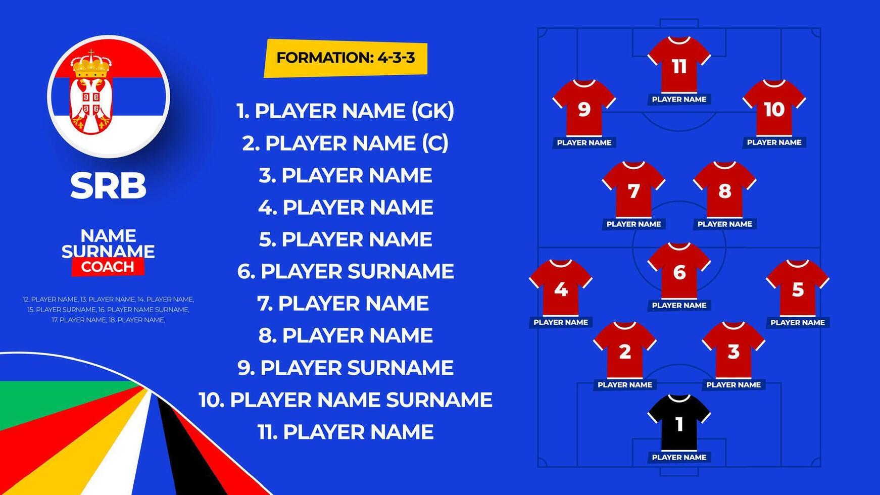 Serbia Football team starting formation. 2024 football team lineup on filed football graphic for soccer starting lineup squad. illustration vector