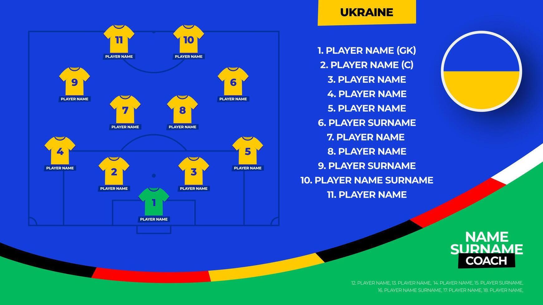 Ukraine Football team starting formation. 2024 football team lineup on filed football graphic for soccer starting lineup squad. illustration vector