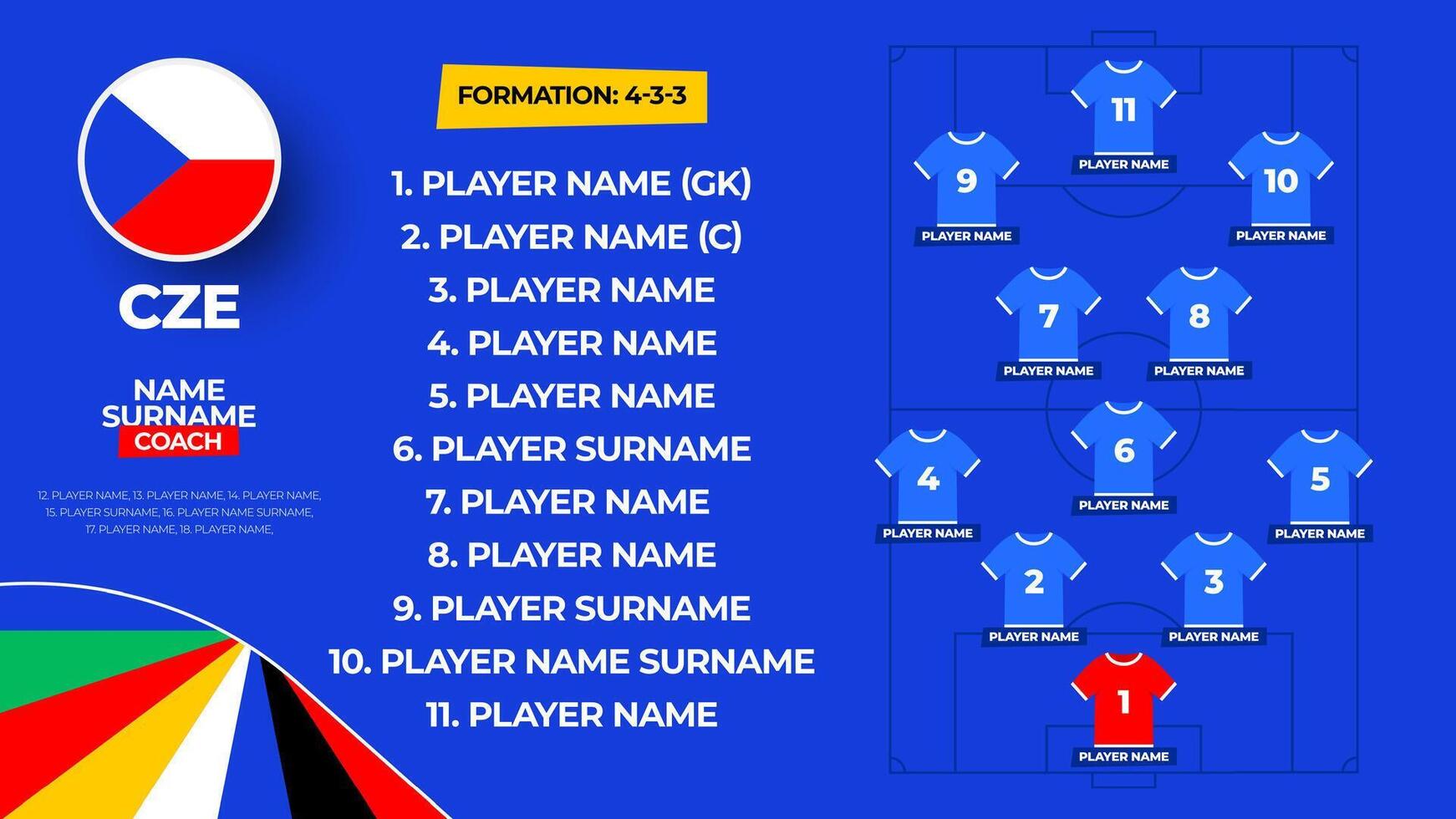 Czech republic Football team starting formation. 2024 football team lineup on filed football graphic for soccer starting lineup squad. illustration vector