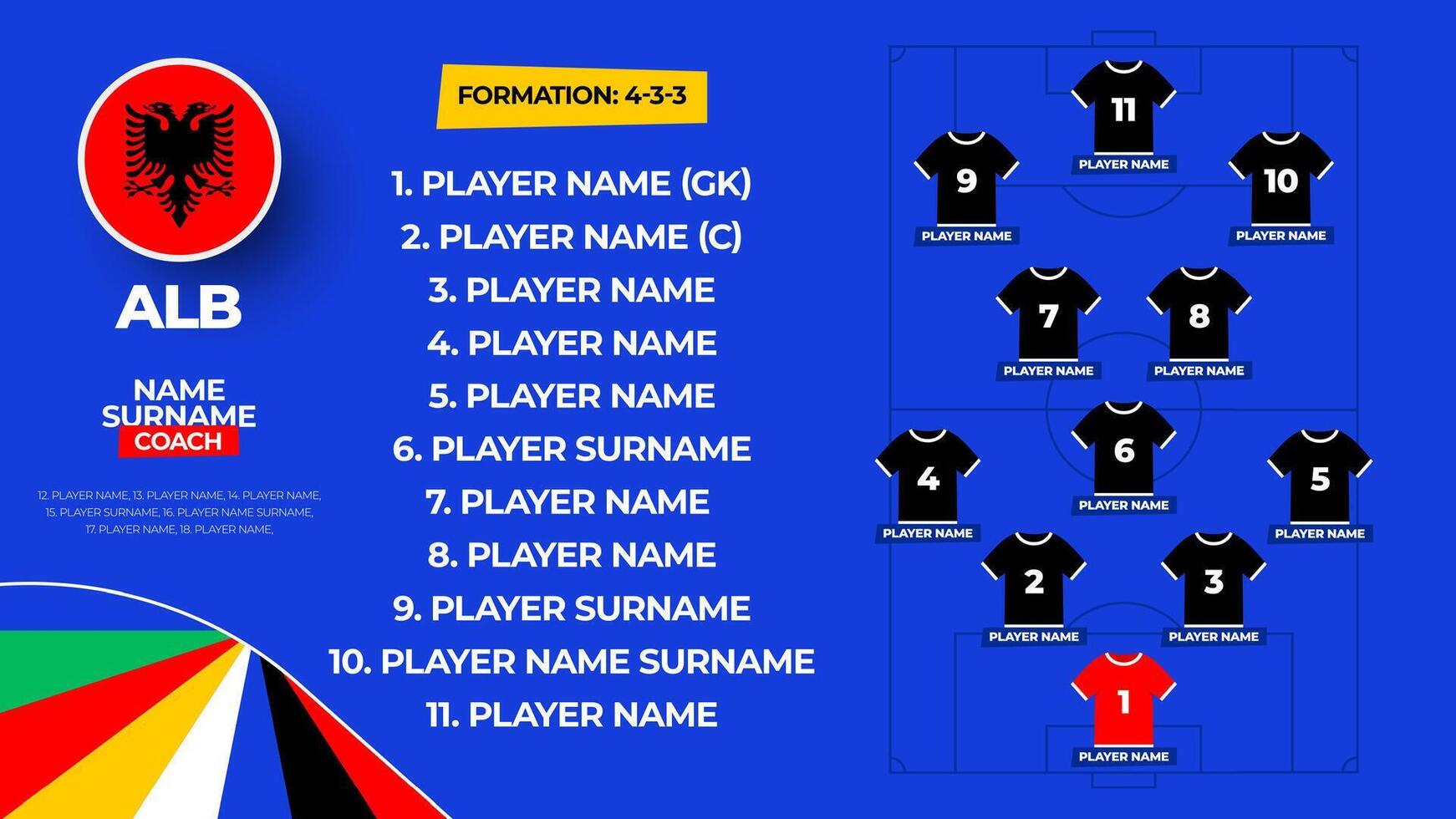 Albania Football team starting formation. 2024 football team lineup on filed football graphic for soccer starting lineup squad. illustration vector