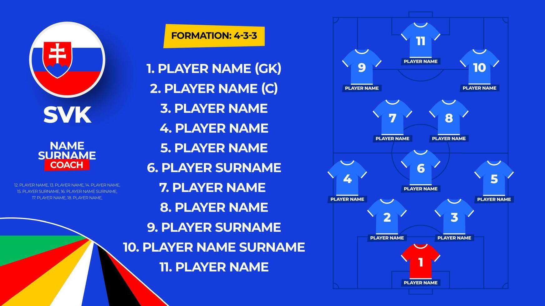 Slovakia Football team starting formation. 2024 football team lineup on filed football graphic for soccer starting lineup squad. illustration vector