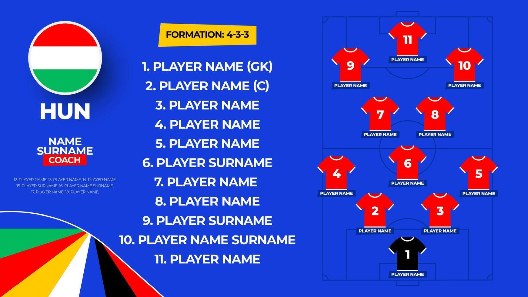 Hungary Football team starting formation. 2024 football team lineup on filed football graphic for soccer starting lineup squad. illustration vector