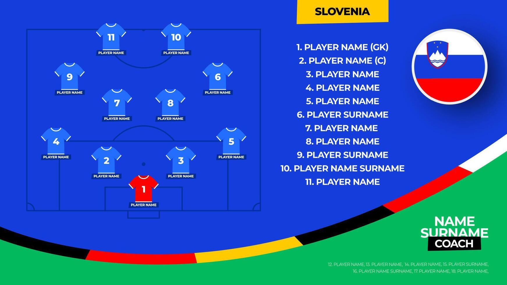 Slovenia Football team starting formation. 2024 football team lineup on filed football graphic for soccer starting lineup squad. illustration vector