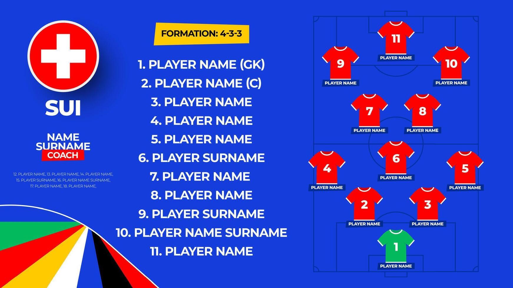 Switzerland Football team starting formation. 2024 football team lineup on filed football graphic for soccer starting lineup squad. illustration vector