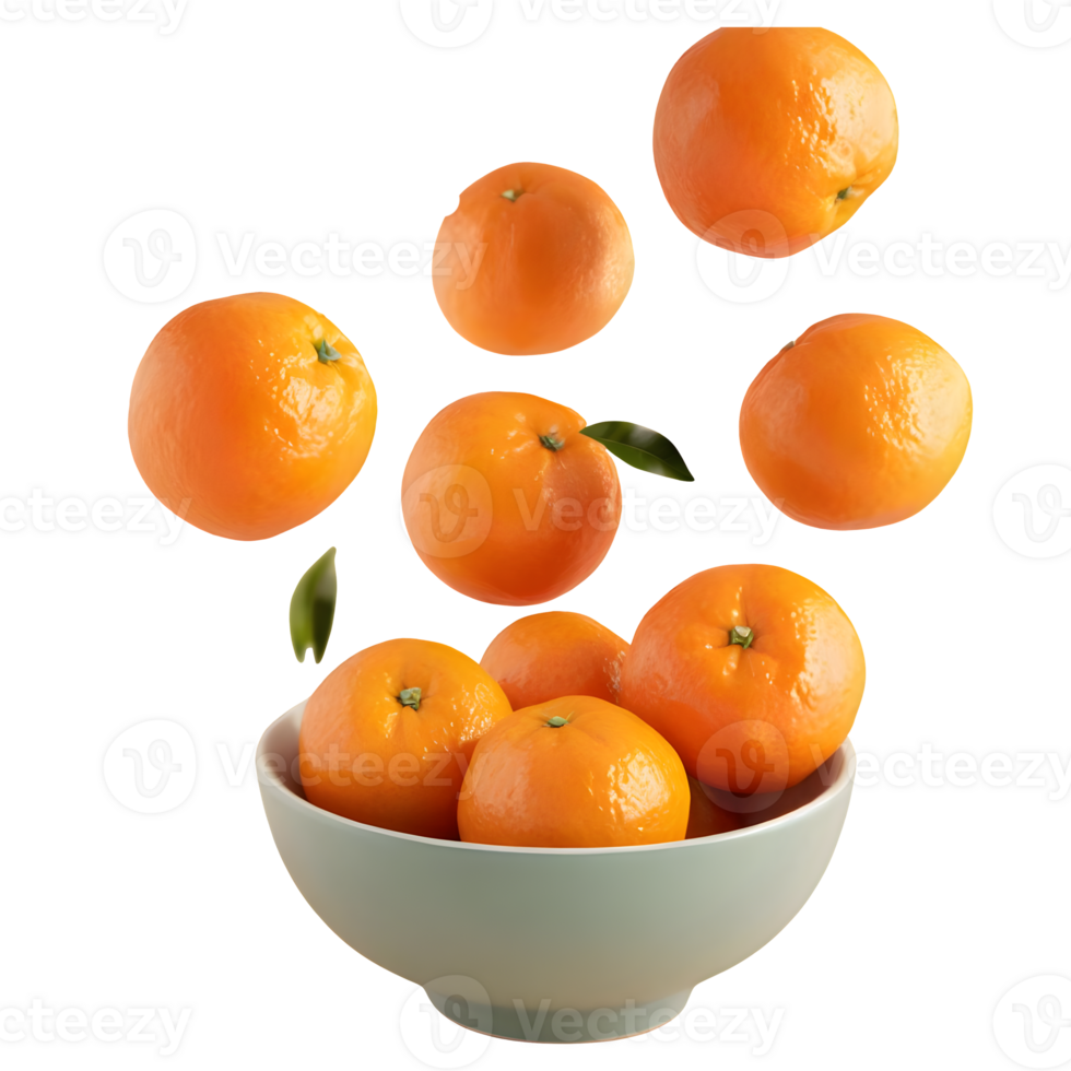 Tangerines flying in a bowl isolated on transparent background png