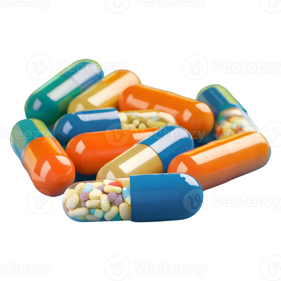 Medicine capsules 3d rendering isolated on transparent background png
