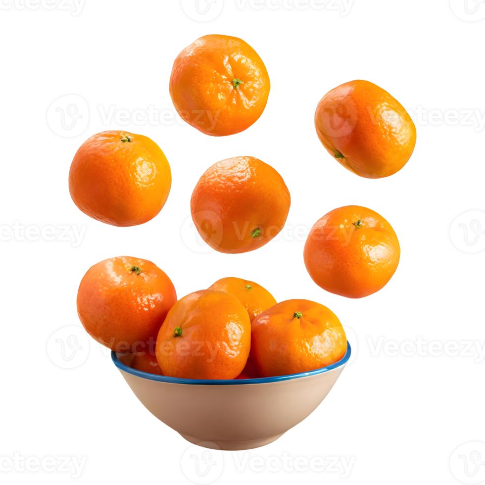 Tangerines flying in a bowl isolated on transparent background png