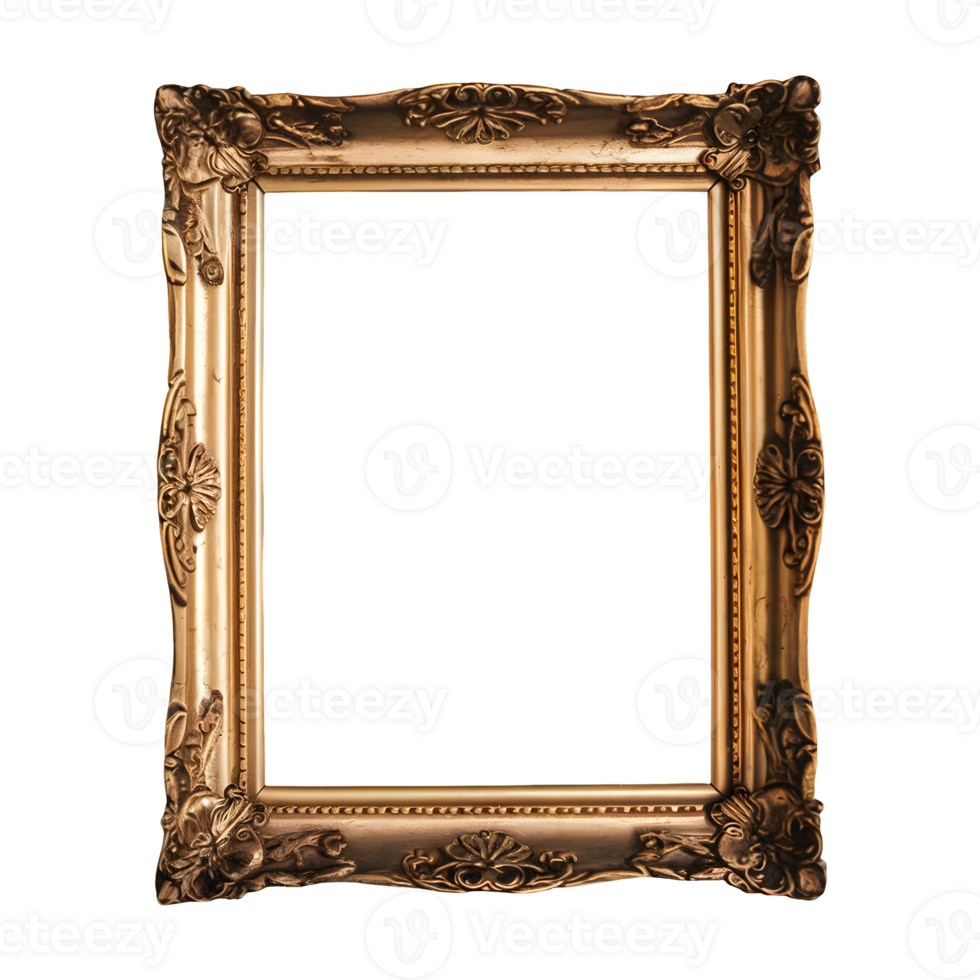 Blank antique gold picture frame isolated on transparent background png