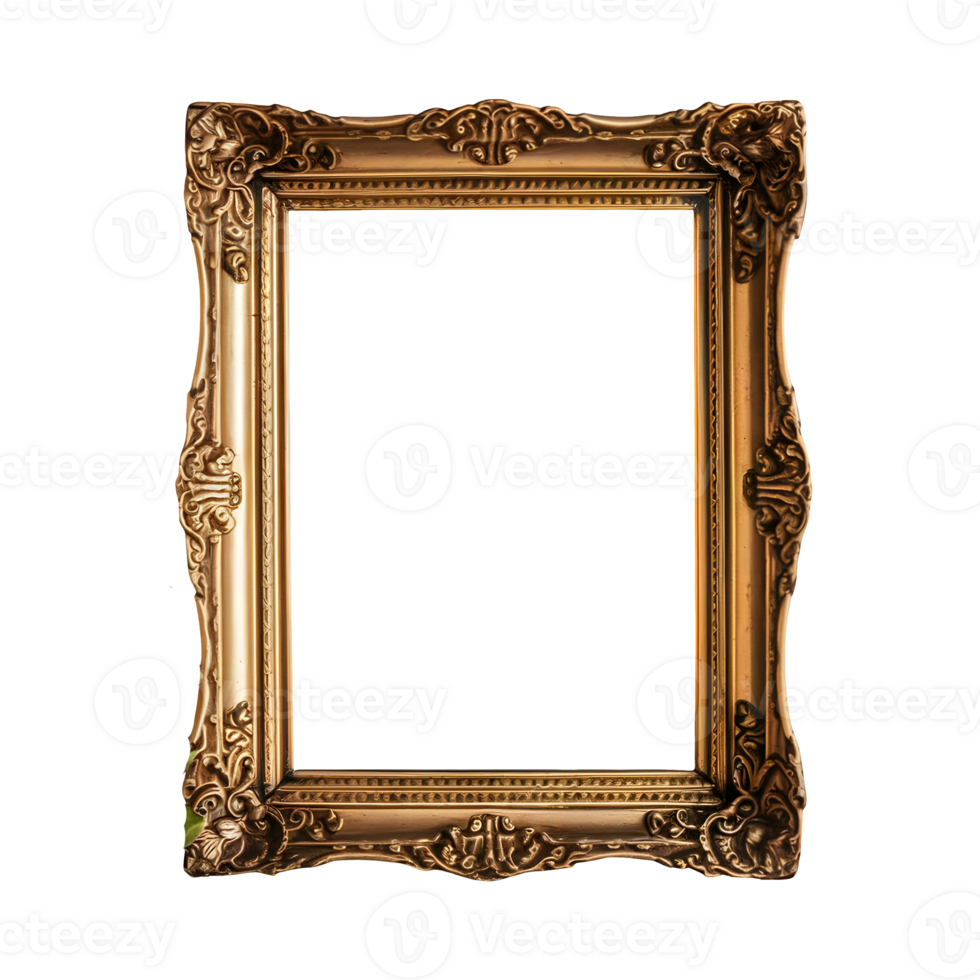 Blank antique gold picture frame isolated on transparent background png