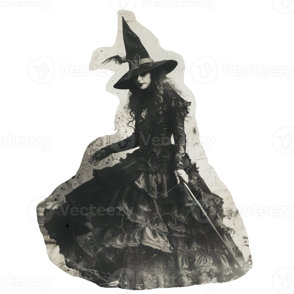 Monochrome vintage photo of halloween witch cut out image png