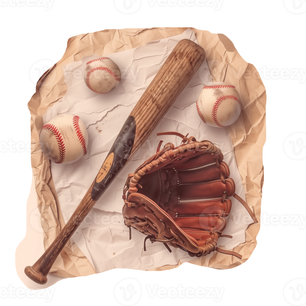 Baseball equipment on crumpled paper cut out image png