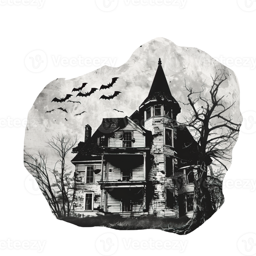 Monochrome vintage photo of halloween house cut out image png