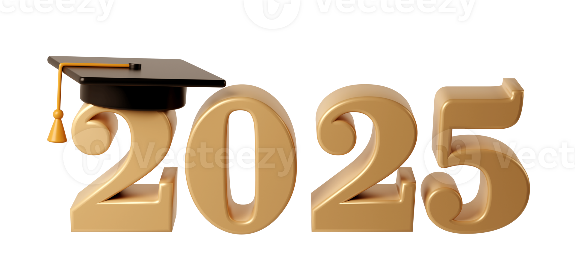 Class of 2025 3d icon. Congratulation graduates design template with black cap and numbers. Gold graduation typography illustration for ceremony, party, greeting card, invitation png