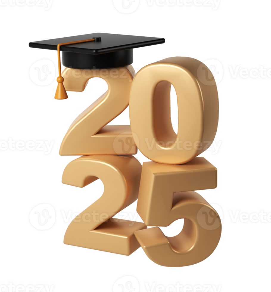 Class of 2025 3d icon. Congratulation graduates design template with black cap and numbers. Gold graduation typography illustration for ceremony, party, greeting card, invitation png