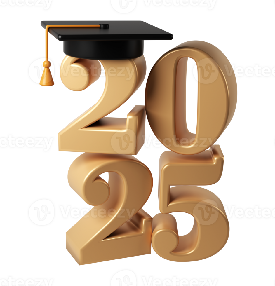 classe di 2025 3d icona. congratulazione laureati design modello con nero berretto e numeri. oro la laurea tipografia illustrazione per cerimonia, festa, saluto carta, invito png