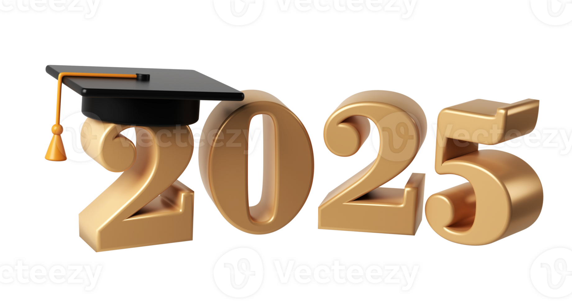 Class of 2025 3d icon. Congratulation graduates design template with black cap and numbers. Gold graduation typography education illustration for ceremony, party, greeting card, invitation png