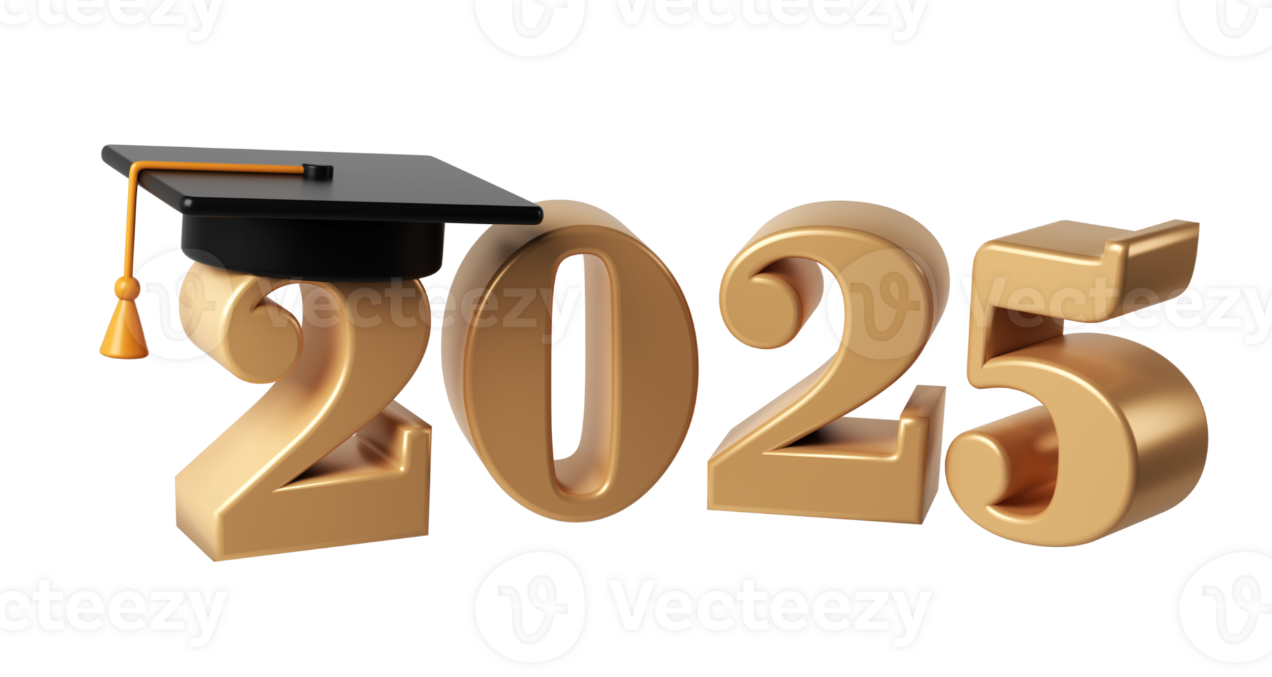 Class of 2025 3d icon. Congratulation graduates design template with black cap and numbers. Gold graduation typography education illustration for ceremony, party, greeting card, invitation png