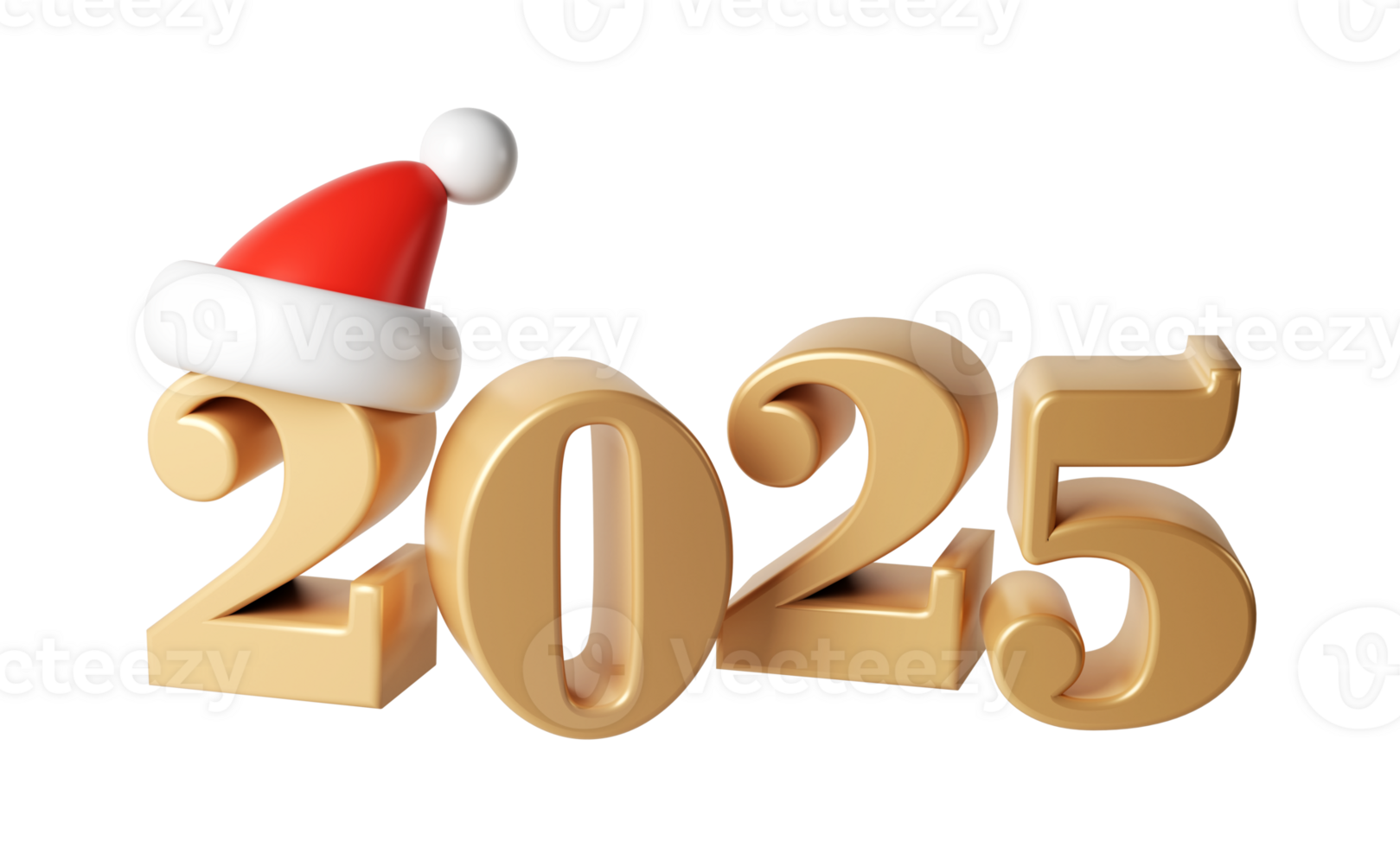 3d Happy New Year 2025 golden Numbers. Symbols cartoon render with red hat santa. Christmas decoration. Celebrate party Xmas Poster banner, cover card, brochure, flyer, layout design png
