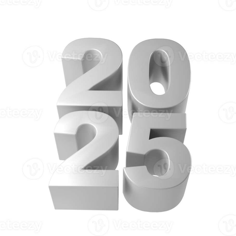 Lycklig ny år 2025 med skinande silver- 3d tal. Semester jul firande design. premie element illustration för affisch, baner, kalender och hälsning kort png