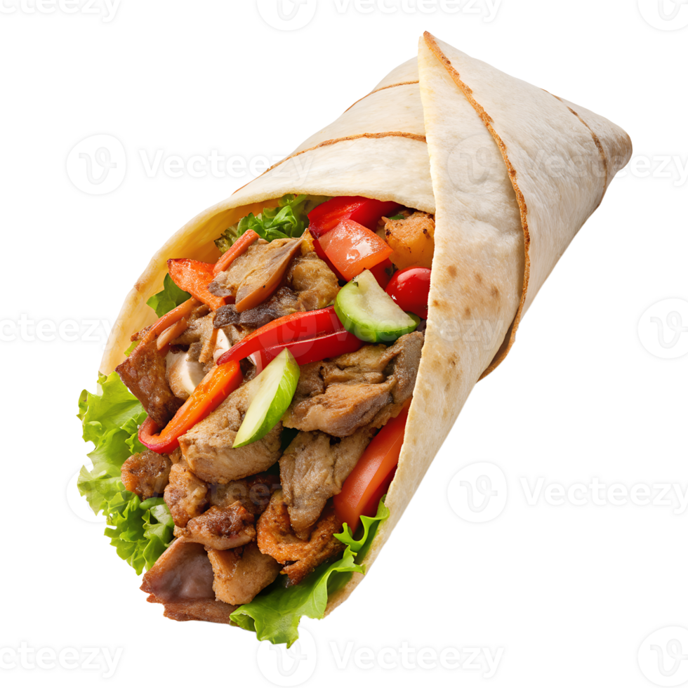 A donair, a type of Mexican food, is shown on a transparent background. It is made of meat, lettuce, and peppers, and is wrapped in a pita. png