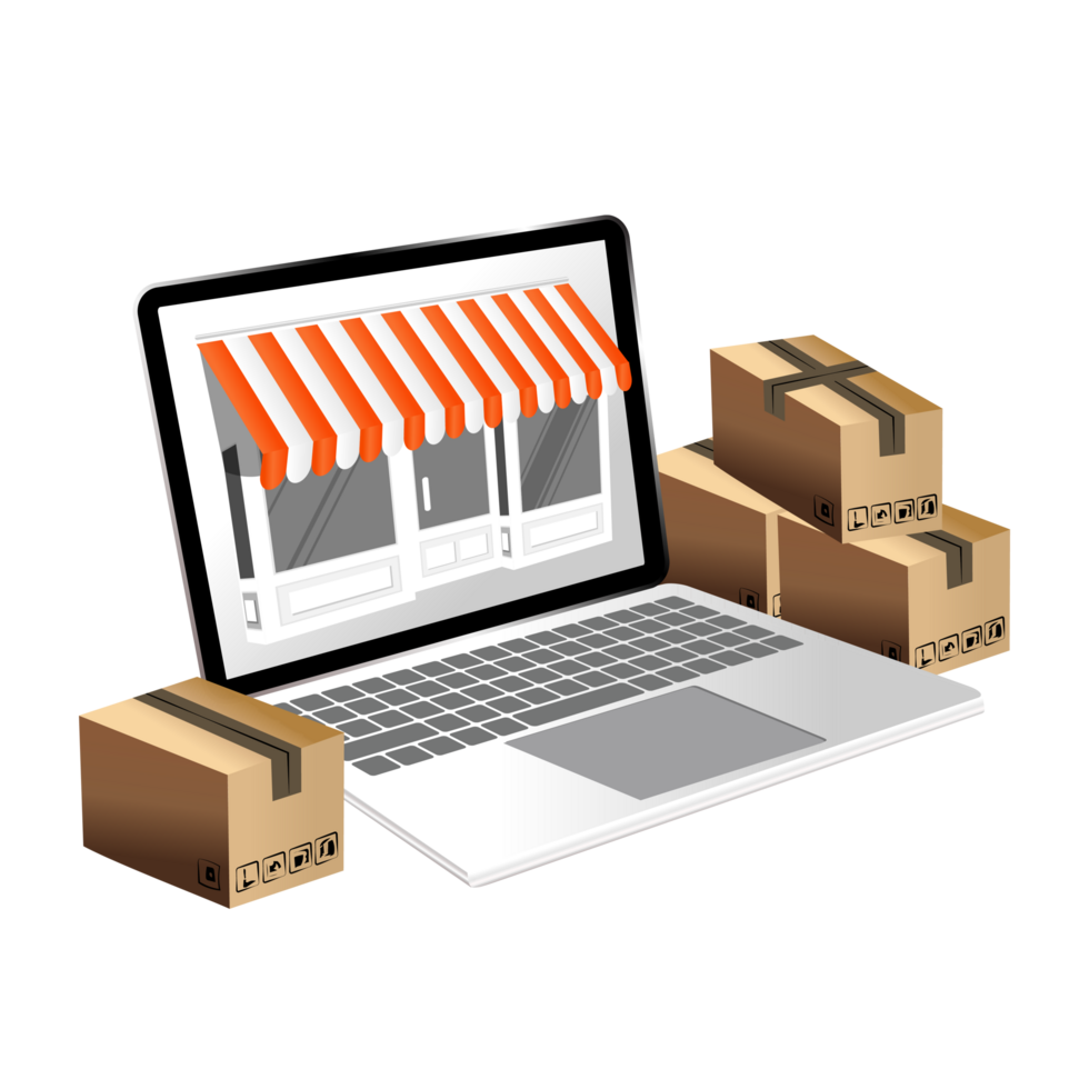 The laptop screen is a storefront. Next to it are merchandise boxes png