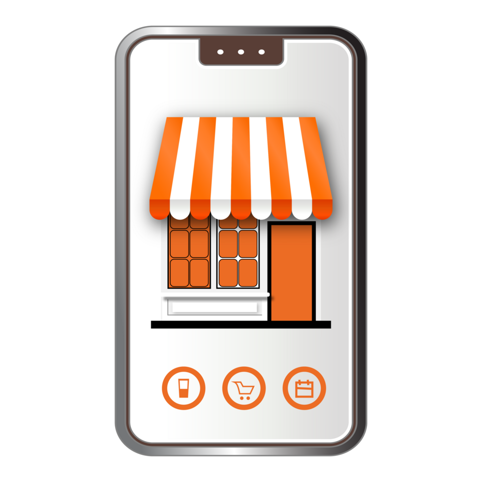 The mobile screen is a storefront. Next to it are merchandise boxes png