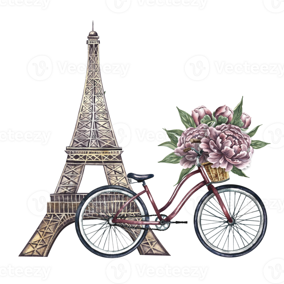 The Eiffel Tower, and a retro bike with vintage colors. A hand-drawn watercolor illustration. A beautiful, romantic postcard. Designed for flyers, banners and postcards. For poster, stickers, printing png