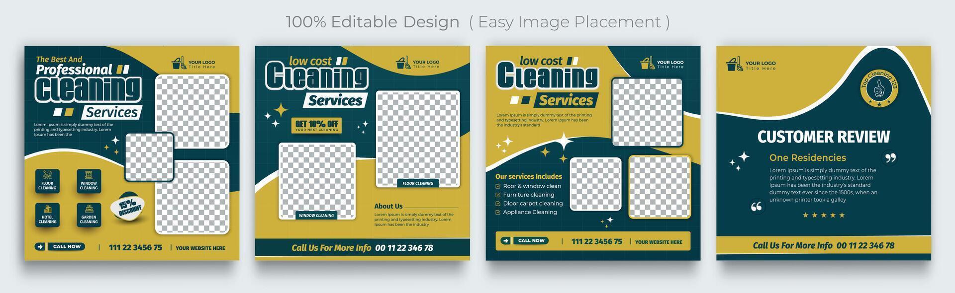 Cleaning service social media posts set or clean agency marketing square banner template vector